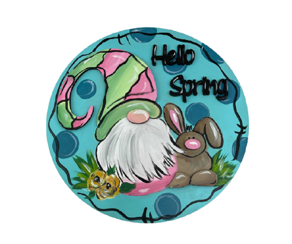 3D Design By Line Round MDF Cutout Hello Spring Gnome With Bunny - Unfinished For DIY