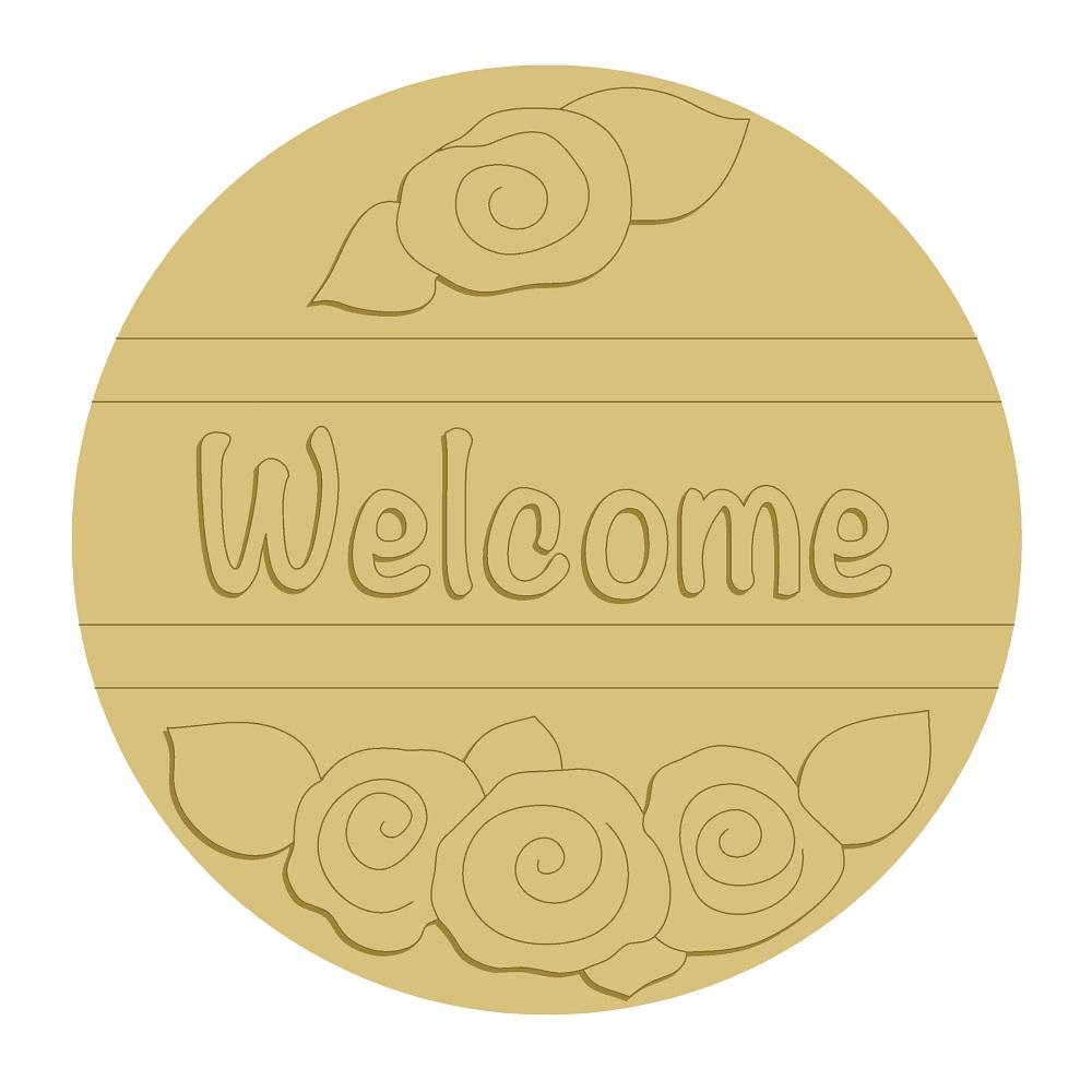 3D Design By Line Round MDF Cutout Welcome With Flowers - Unfinished For DIY