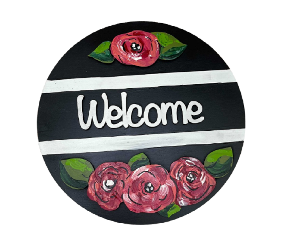 3D Design By Line Round MDF Cutout Welcome With Flowers - Unfinished For DIY