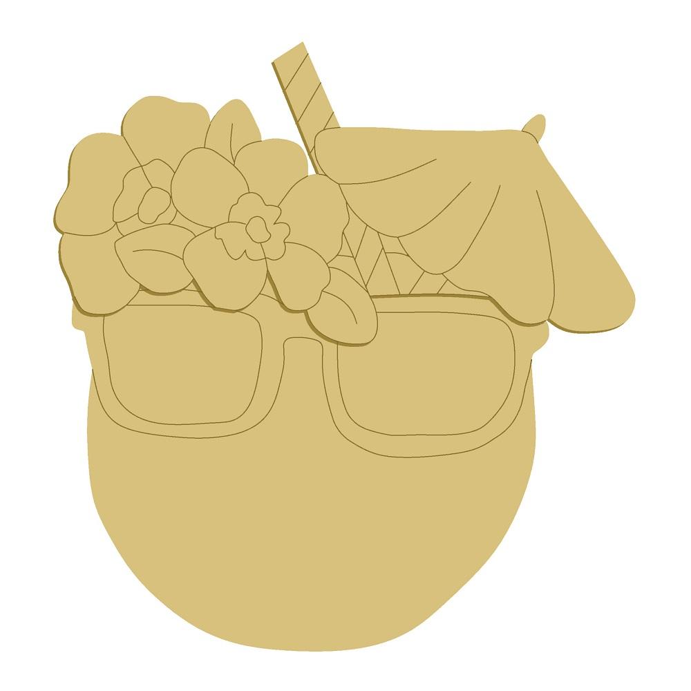 3D Design By Line Coconut Drink MDF Cutout With Flowers, Straw And Sunglasses - Unfinished For DIY