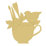 3D Design By Line Coffee Cup MDF Cutout With Paint Brushes And Bird - Unfinished For DIY