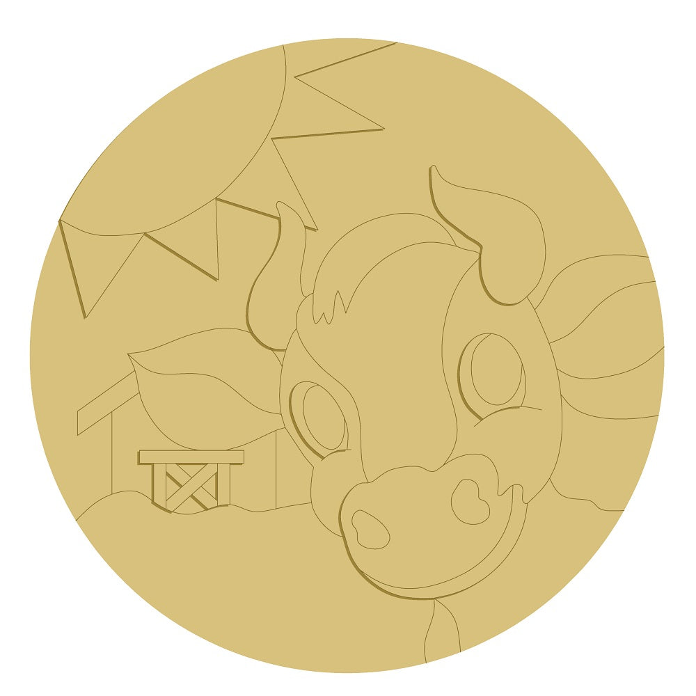 3D Round MDF Cutout Cow With Barn Scene - Unfinished For DIY