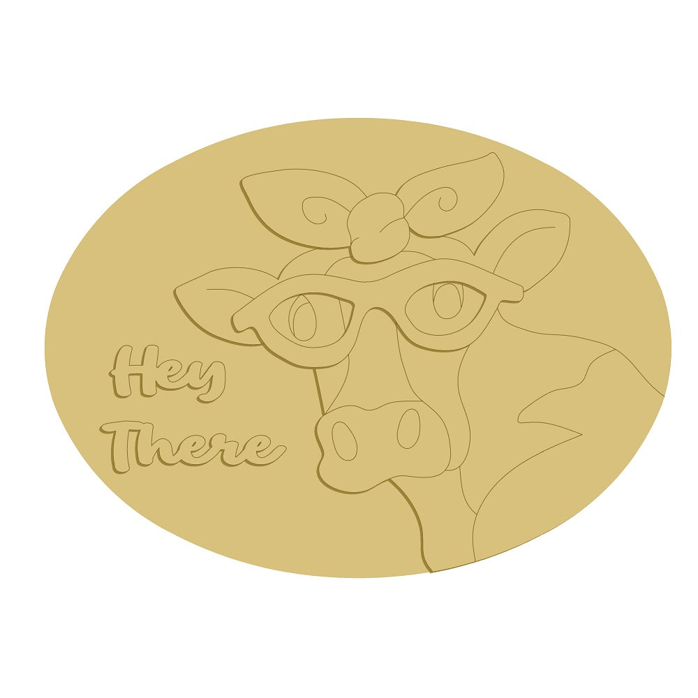 3D Oval MDF Cutout Cow Head With Glasses And Bow Hey There - Unfinished For DIY