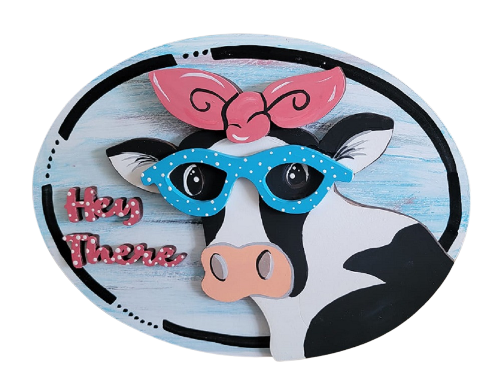 3D Oval MDF Cutout Cow Head With Glasses And Bow Hey There - Unfinished For DIY