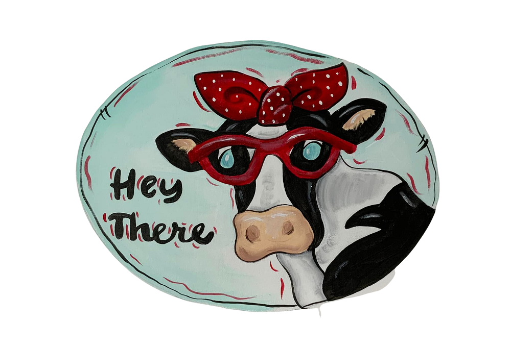 Design By Line Oval Cow MDF Cutout Hey There with glasses and bow  - Unfinished For DIY
