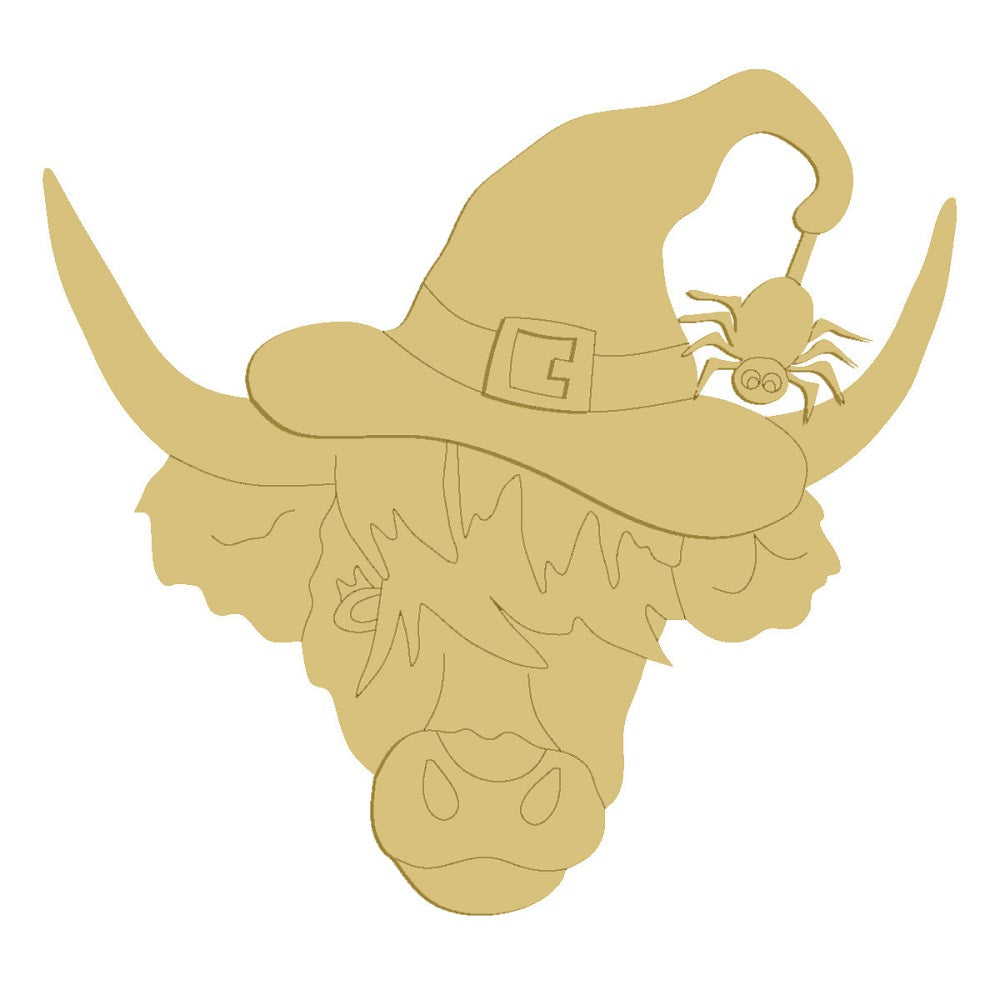 3D Design By Line Cow Head MDF Cutout With Longhorn, Witch Hat And Spider - Unfinished For DIY