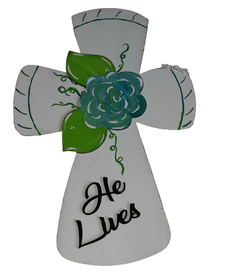 Design By Line Cross MDF Cutout He Lives Floral Bow - Unfinished For DIY
