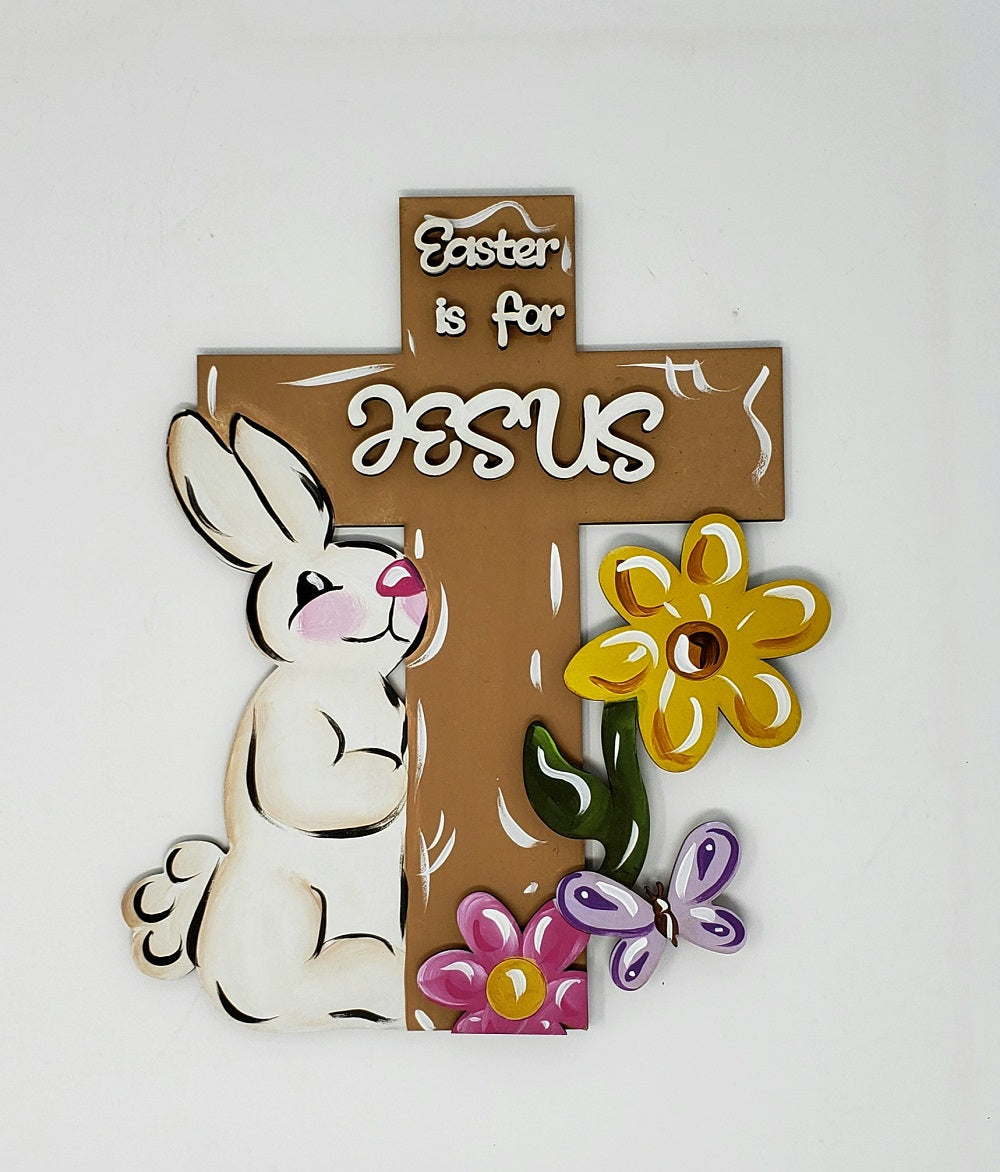 Design By Line Cross MDF Cutout Easter Is For JESUS With Bunny And Flower - Unfinished For DIY