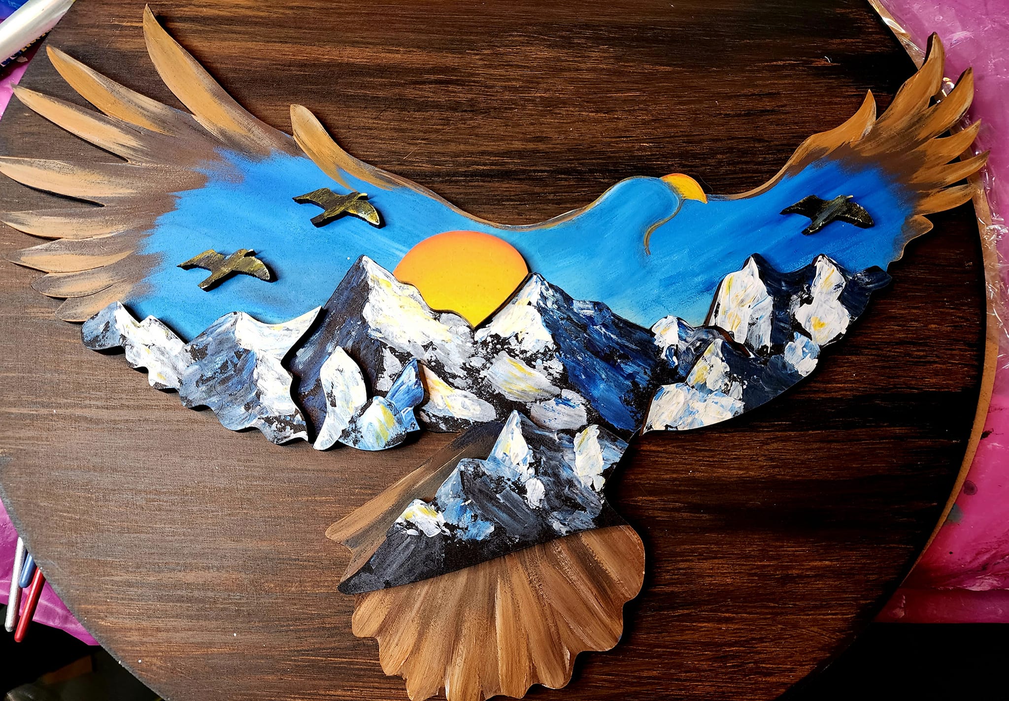 3D Design By Line Eagle MDF Cutout Over Mountain Range Silhouette - Unfinished For DIY
