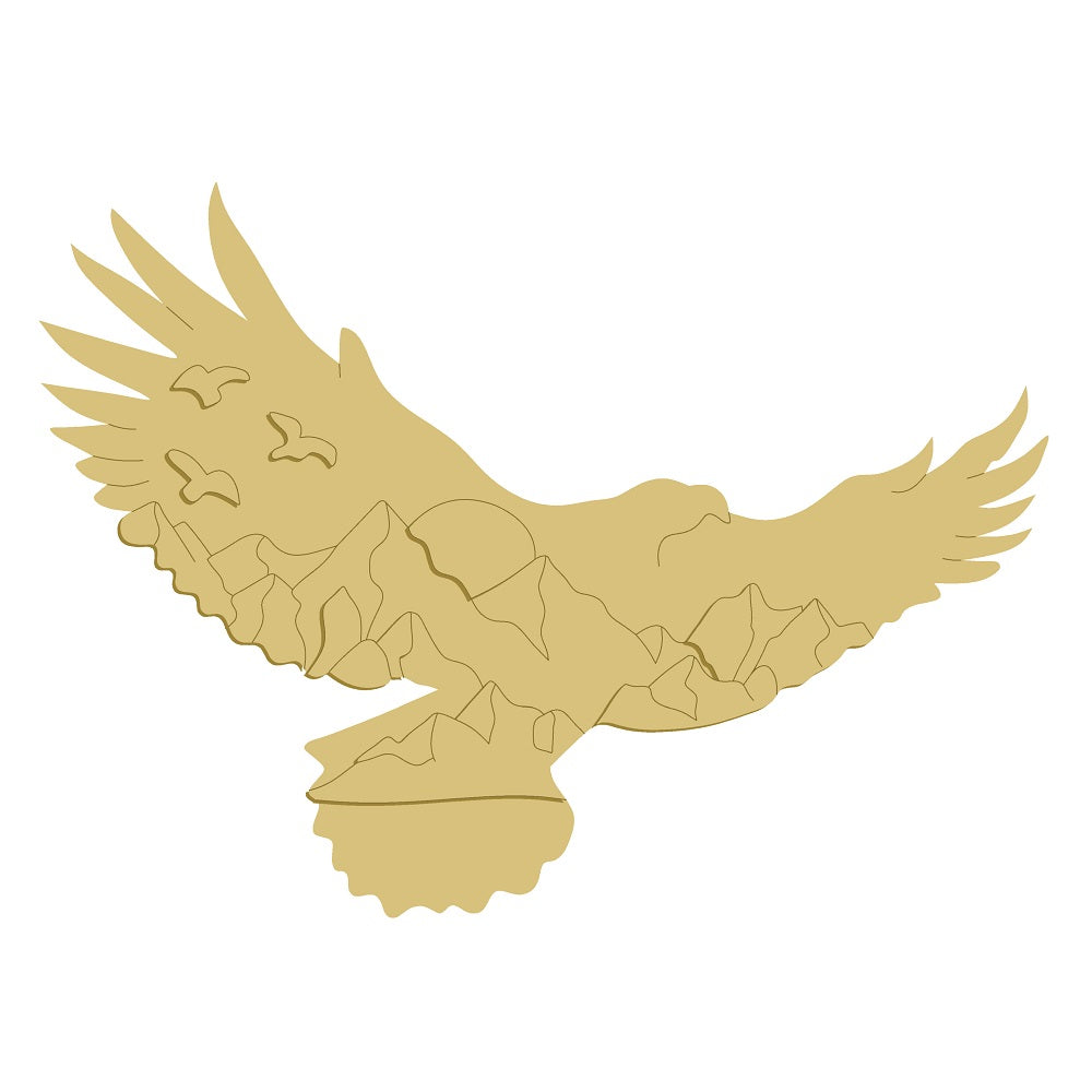 3D Design By Line Eagle MDF Cutout Over Mountain Range Silhouette - Unfinished For DIY