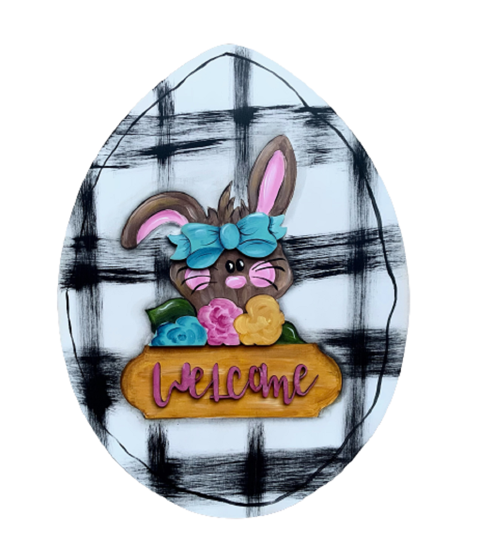 Design By Line Egg MDF Cutout Welcome Bunny With Bow And Flowers - Unfinished For DIY