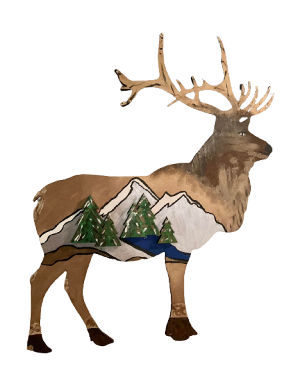 3D Design By Line Elk MDF Cutout Mountain Landscape Scene Inside - Unfinished For DIY