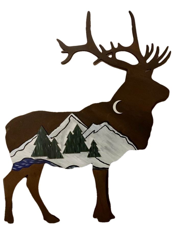 3D Design By Line Elk MDF Cutout Mountain Landscape Scene Inside - Unfinished For DIY