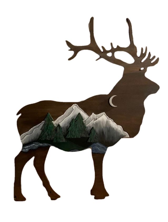 3D Design By Line Elk MDF Cutout Mountain Landscape Scene Inside - Unfinished For DIY