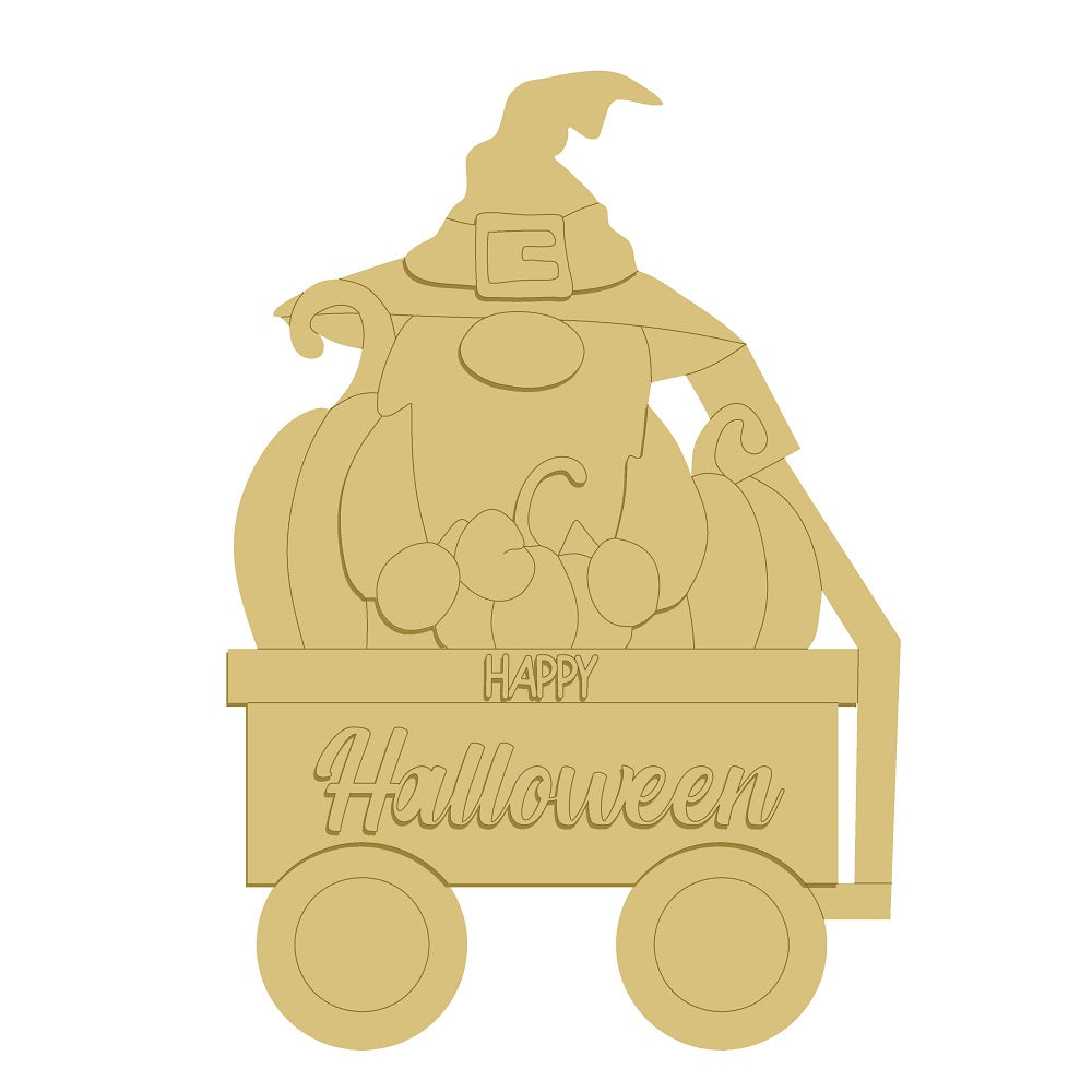 3D Design By Line Gnome In Wagon MDF Cutout With Happy Halloween Script - Unfinished For DIY