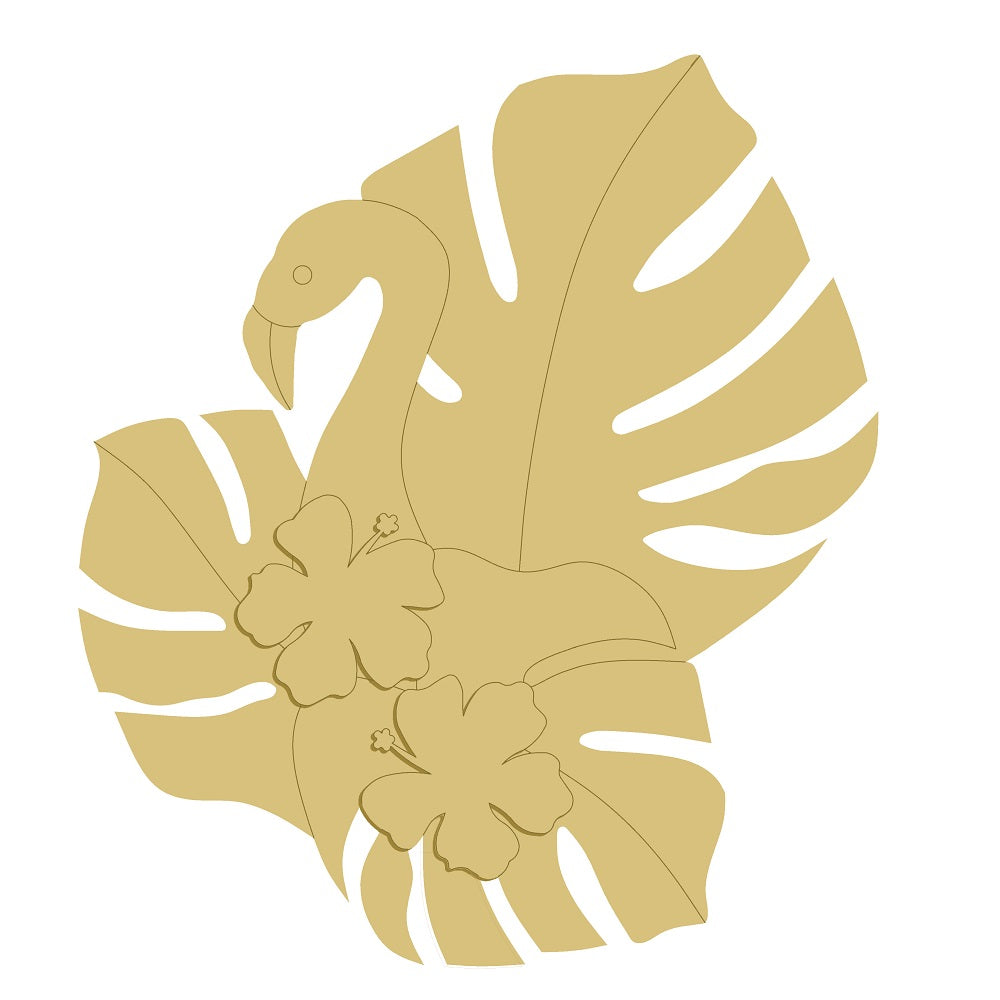 3D Design By Line Flamingo MDF Cutout With Hibiscus And Monstera Leaves - Unfinished For DIY