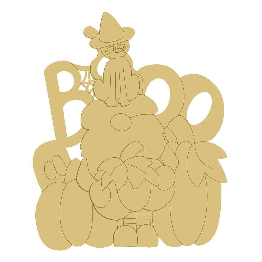 3D Design By Line Gnome MDF Cutout On Pumpkin BOO Halloween Scene - Unfinished For DIY
