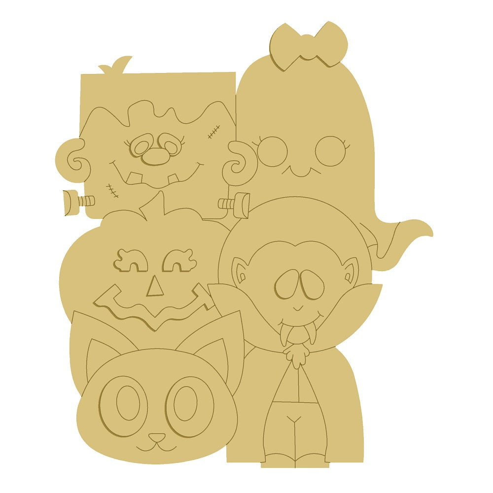 3D Design By Line Collage MDF Cutout Halloween Characters - Ghost, Frankenstein, Vampire, Pumpkin and Cat - Unfinished For DIY