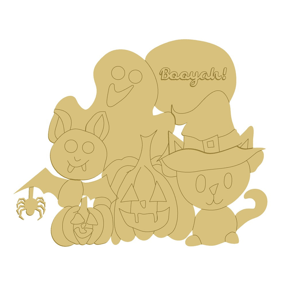 3D Design By Line Halloween Scene MDF Cutout Ghosts Pumpkins And Witch Cat - Unfinished For DIY