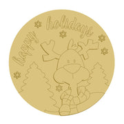 3D Round MDF Cutout Happy Holidays Reindeer Scene With Snowflakes - Unfinished For DIY