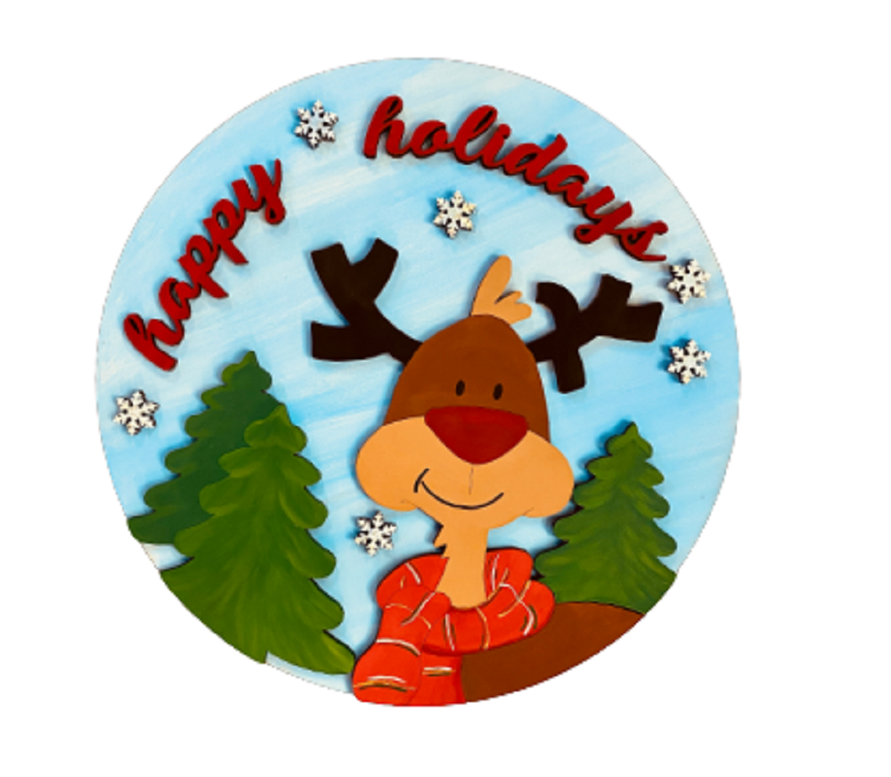3D Round MDF Cutout Happy Holidays Reindeer Scene With Snowflakes - Unfinished For DIY