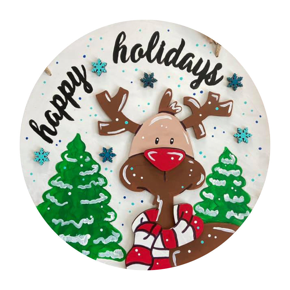 Design By Line Round MDF Cutout Happy Holidays Reindeer Scene With Snowflakes And Trees - Unfinished For DIY