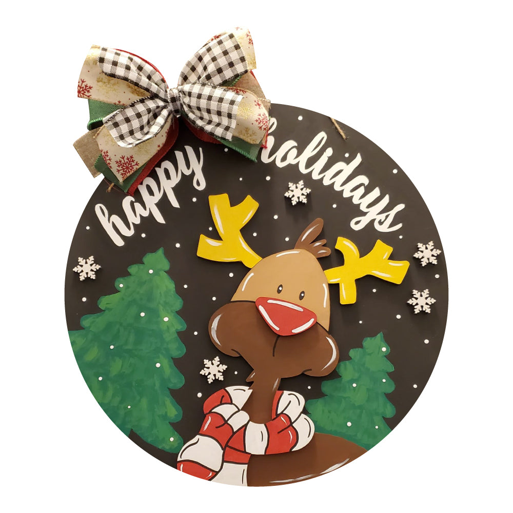 3D Round MDF Cutout Happy Holidays Reindeer Scene With Snowflakes - Unfinished For DIY