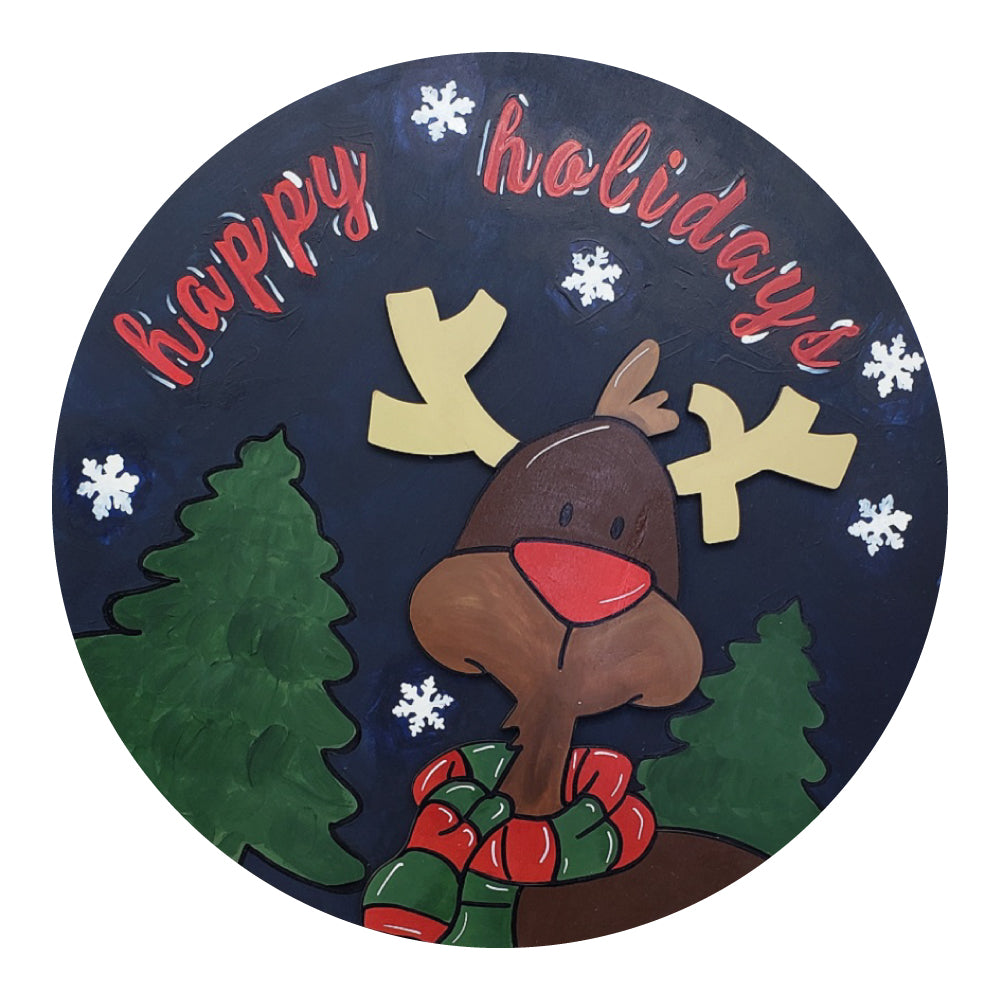 3D Round MDF Cutout Happy Holidays Reindeer Scene With Snowflakes - Unfinished For DIY
