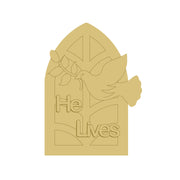 3D Design By Line Window MDF Cutout With Bird And He Lives Sign - Unfinished For DIY