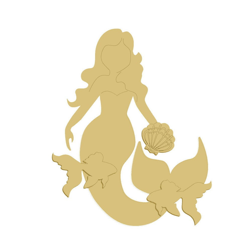 3D Design By Line Mermaid MDF Cutout With Seashell And Playful Fish - Unfinished For DIY
