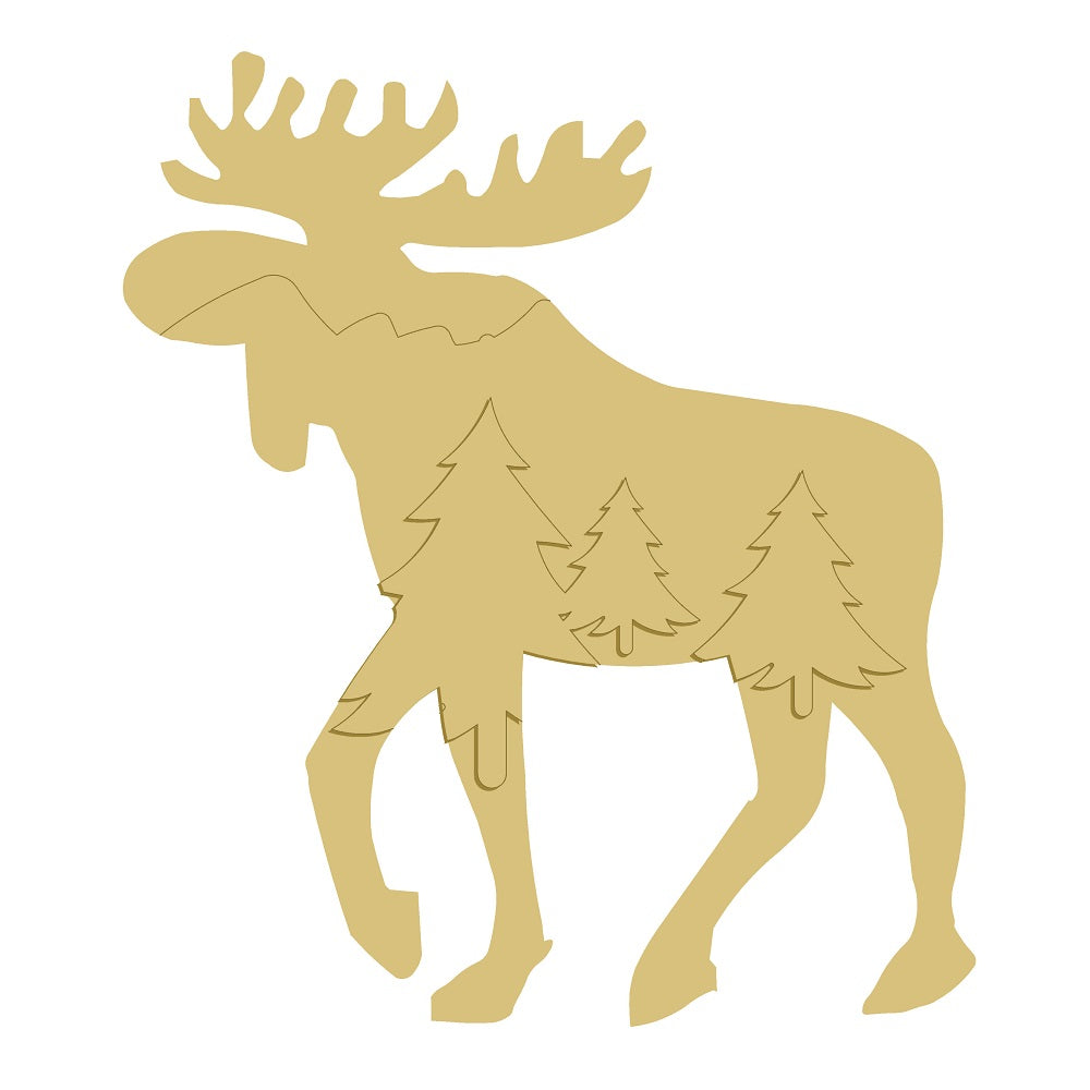 3D Design By Line Moose MDF Cutout Moose With Pine Trees - Unfinished For DIY