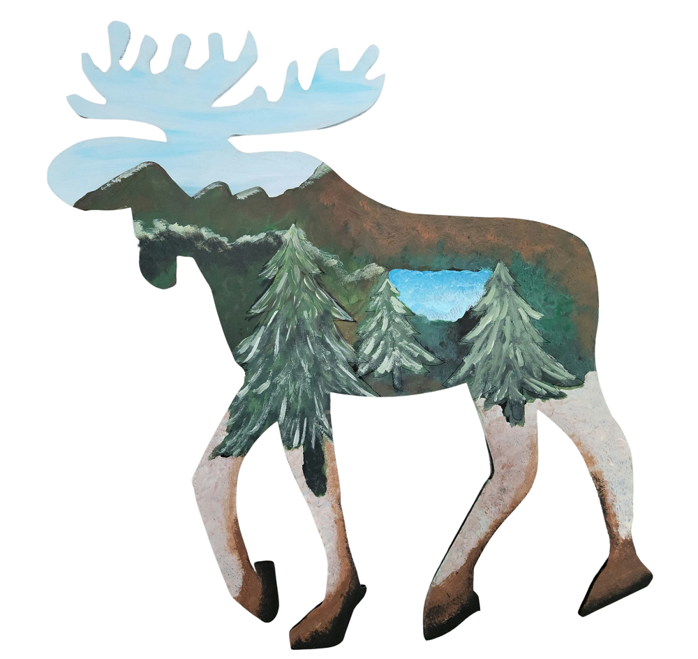 3D Design By Line Moose MDF Cutout Moose With Pine Trees - Unfinished For DIY