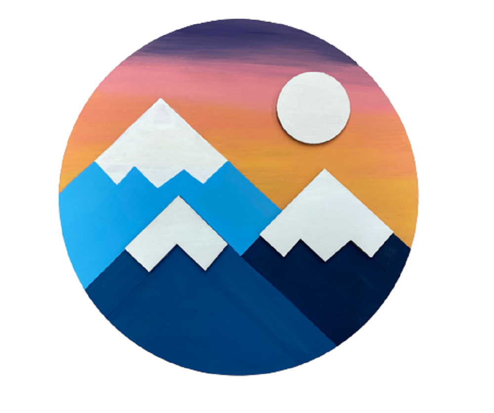 Design By Line Round MDF Cutout Mountain Landscape Silhouette With Sun - Unfinished For DIY