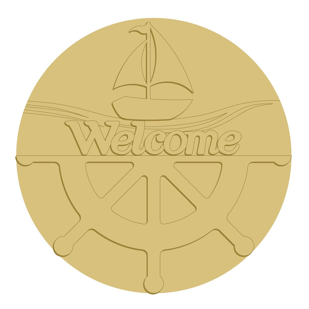 3D Design By Line Round MDF Cutout Welcome Nautical Sailboat On Ship Wheel - Unfinished For DIY