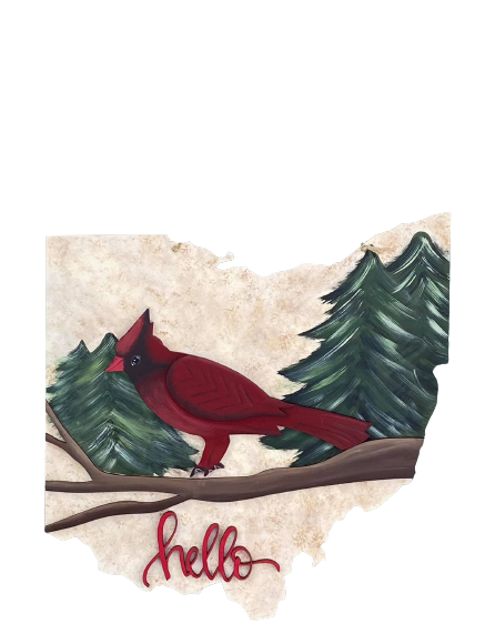 Design By Line Ohio State Silhouette MDF Cutout Bird On Branch With Hills And Hello Script - Unfinished For DIY