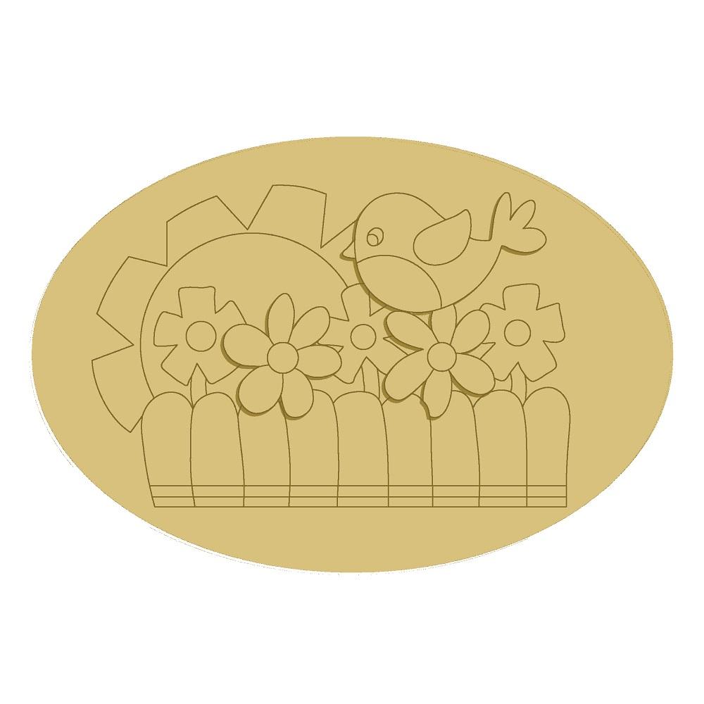 3D Design By Line Oval MDF Cutout Bird On Fence With Flowers - Unfinished For DIY