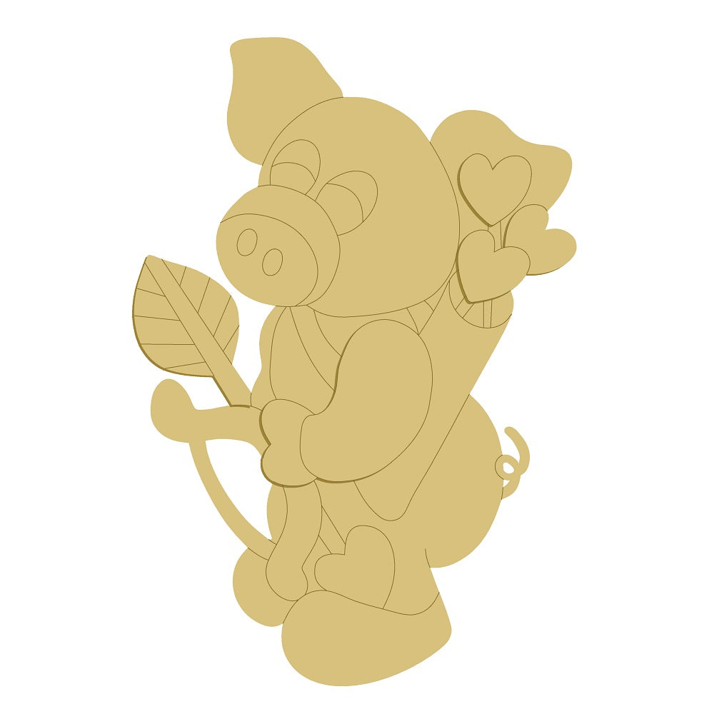 3D Pig MDF Cutout With Hearts And Leaf Accents - Unfinished For DIY