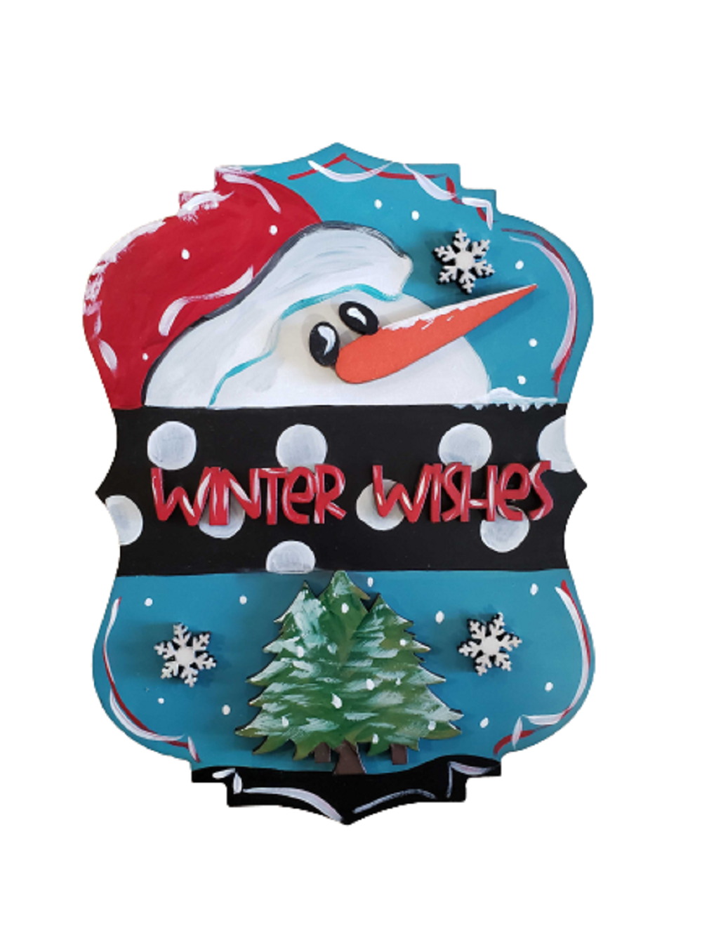 Design By Line Plaque Snowman MDF Cutout Winter Wishes With Pine Tree & Snowflakes - Unfinished For DIY