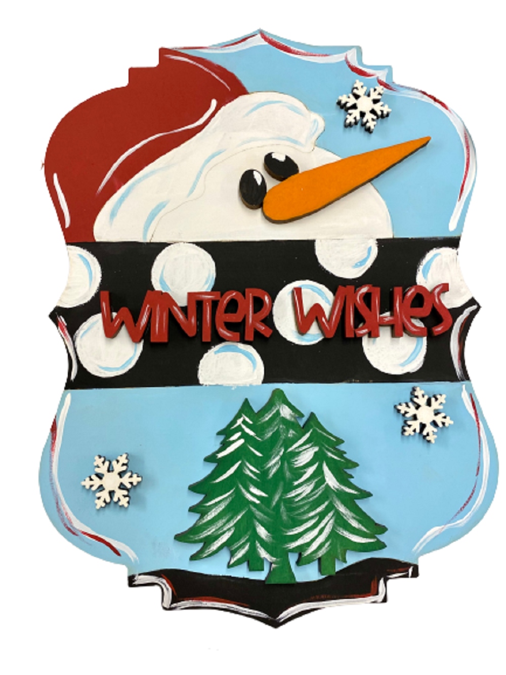 Design By Line Plaque Snowman MDF Cutout Winter Wishes With Pine Tree & Snowflakes - Unfinished For DIY