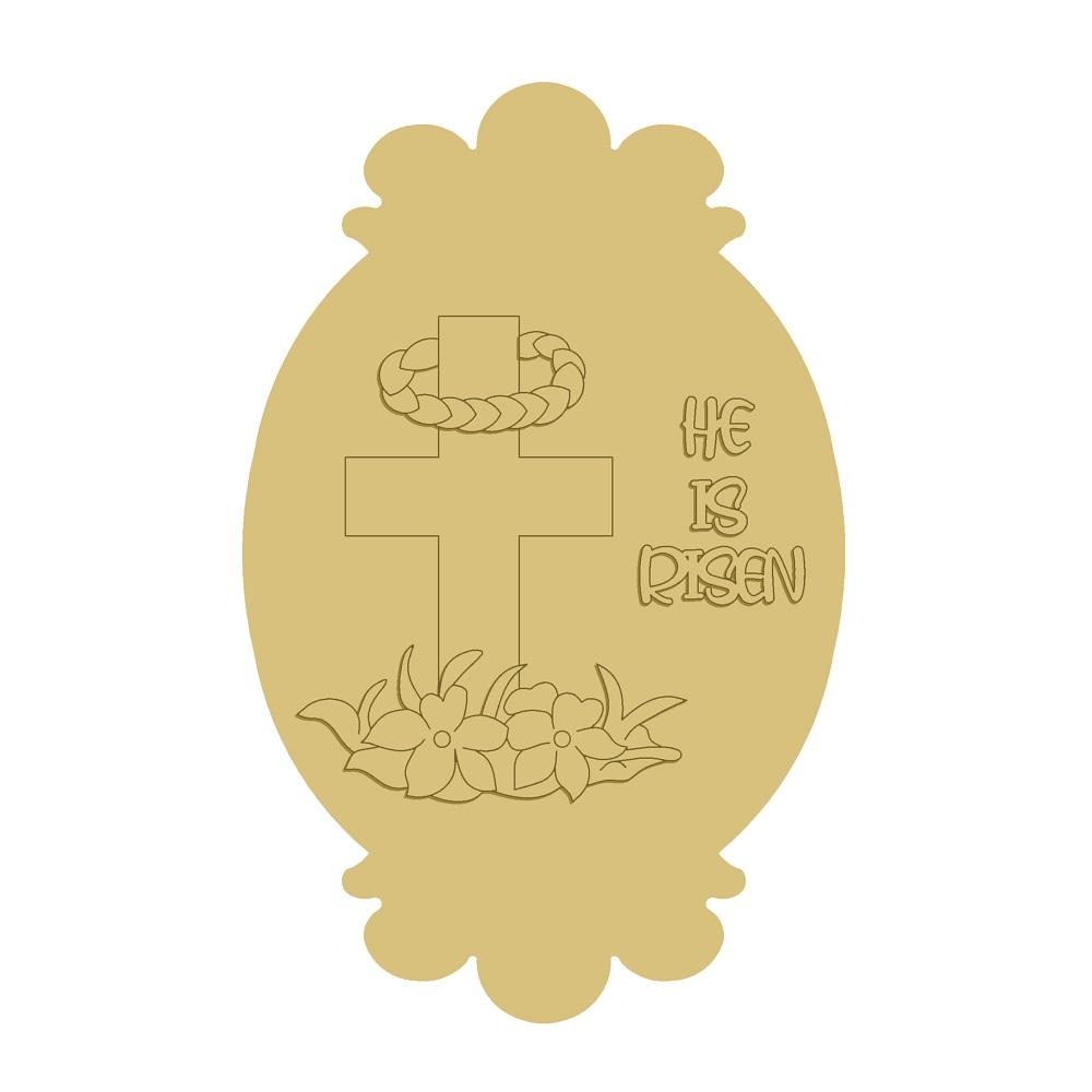 3D Design By Line Oval MDF Cutout He Is Risen Cross With Flowers - Unfinished For DIY