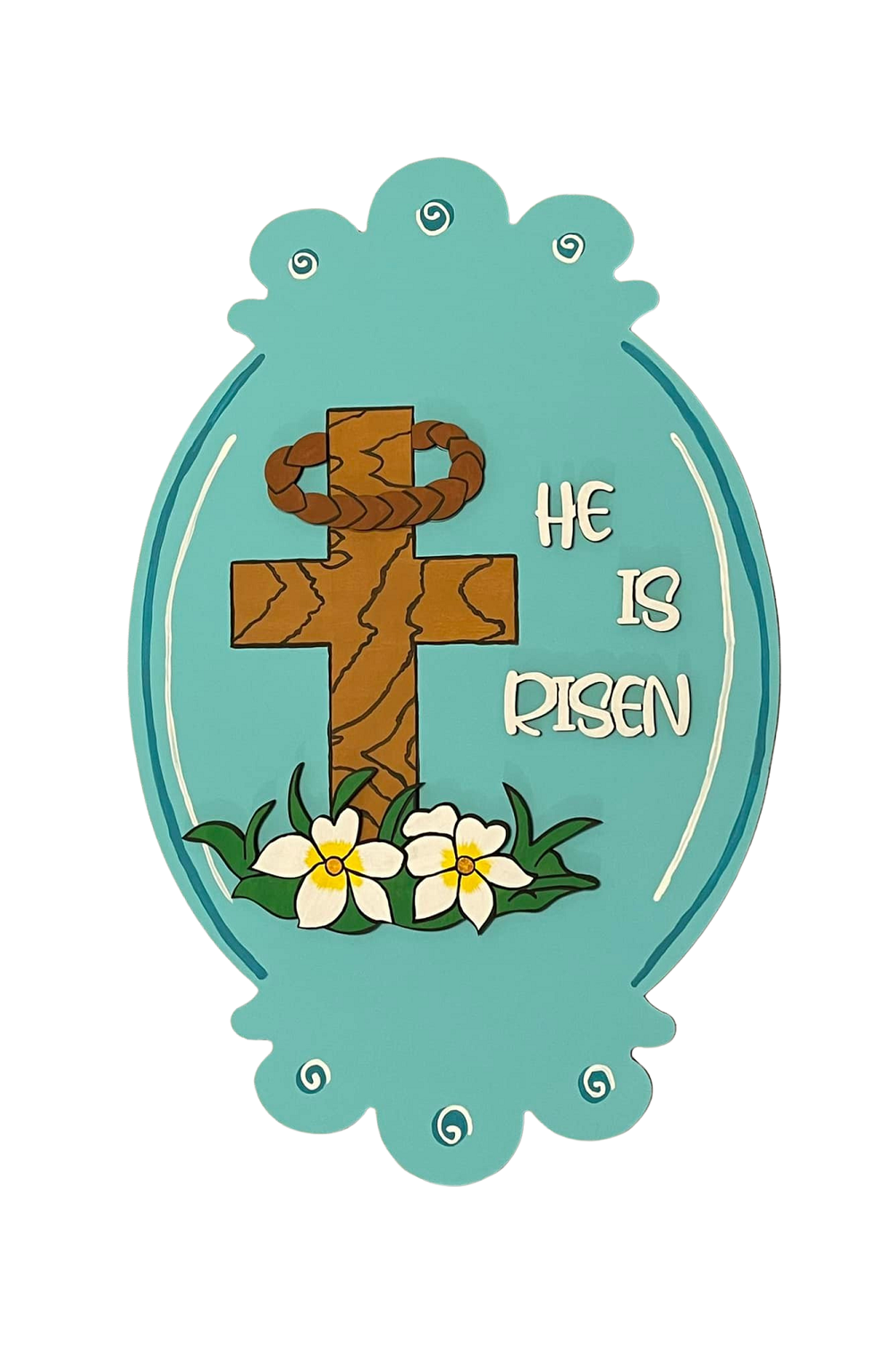 Design By Line Oval MDF Cutout He Is Risen Cross With Crown Of Thorns And Flowers - Unfinished For DIY