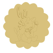 3D Design By Line Scalloped Round MDF Cutout HI Bunny With Flower And Bow - Unfinished For DIY