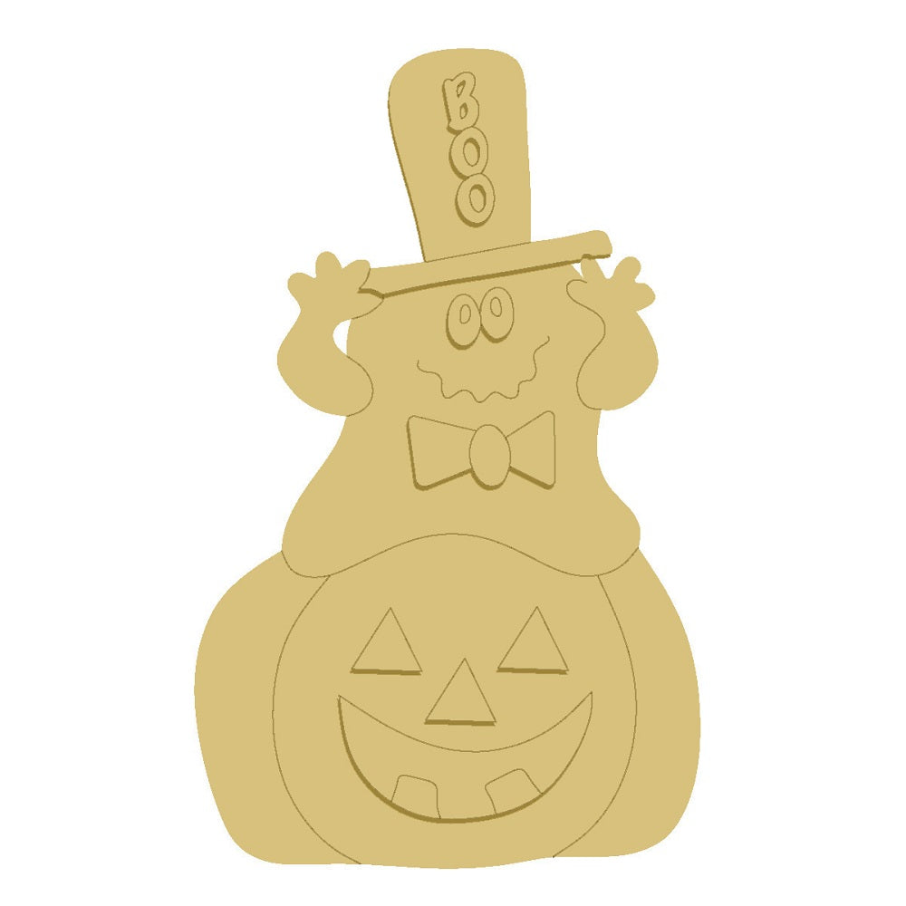 3D Design By Line Pumpkin MDF Cutout Ghost On Jack-O'-Lantern With Bow Tie And Boo Hat - Unfinished For DIY