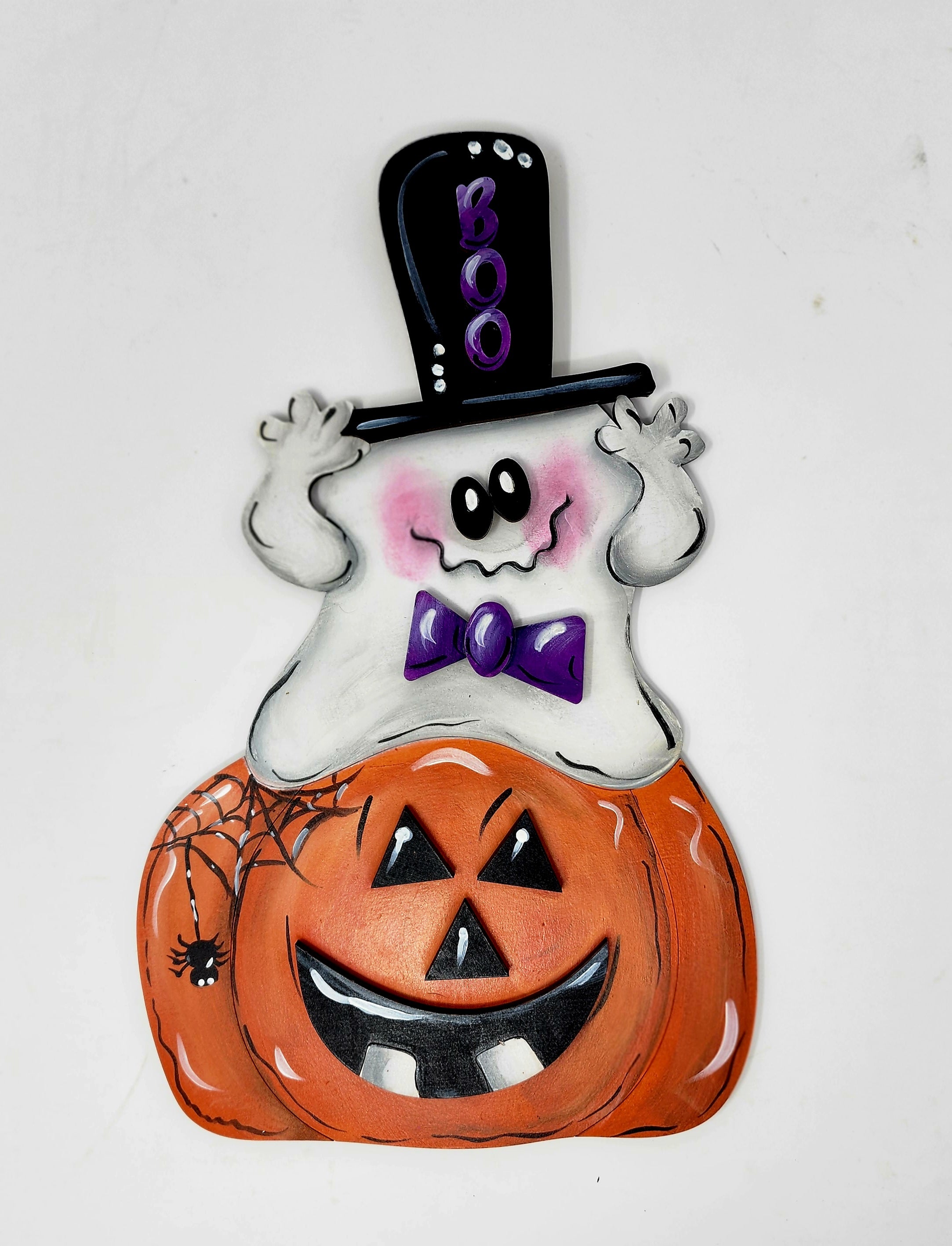 3D Design By Line Pumpkin MDF Cutout Ghost On Jack-O'-Lantern With Bow Tie And Boo Hat - Unfinished For DIY