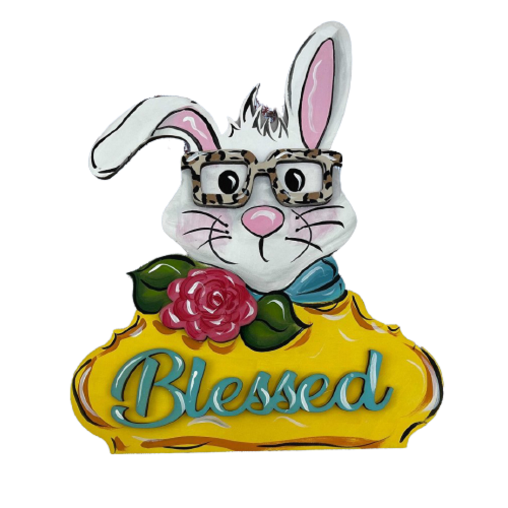 3D Design By Line Bunny MDF Cutout Blessed Glasses With Flower - Unfinished For DIY