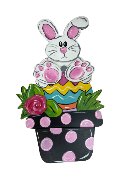 3D Design By Line Rabbit In Flower Pot MDF Cutout Bunny With Rose Accent - Unfinished For DIY