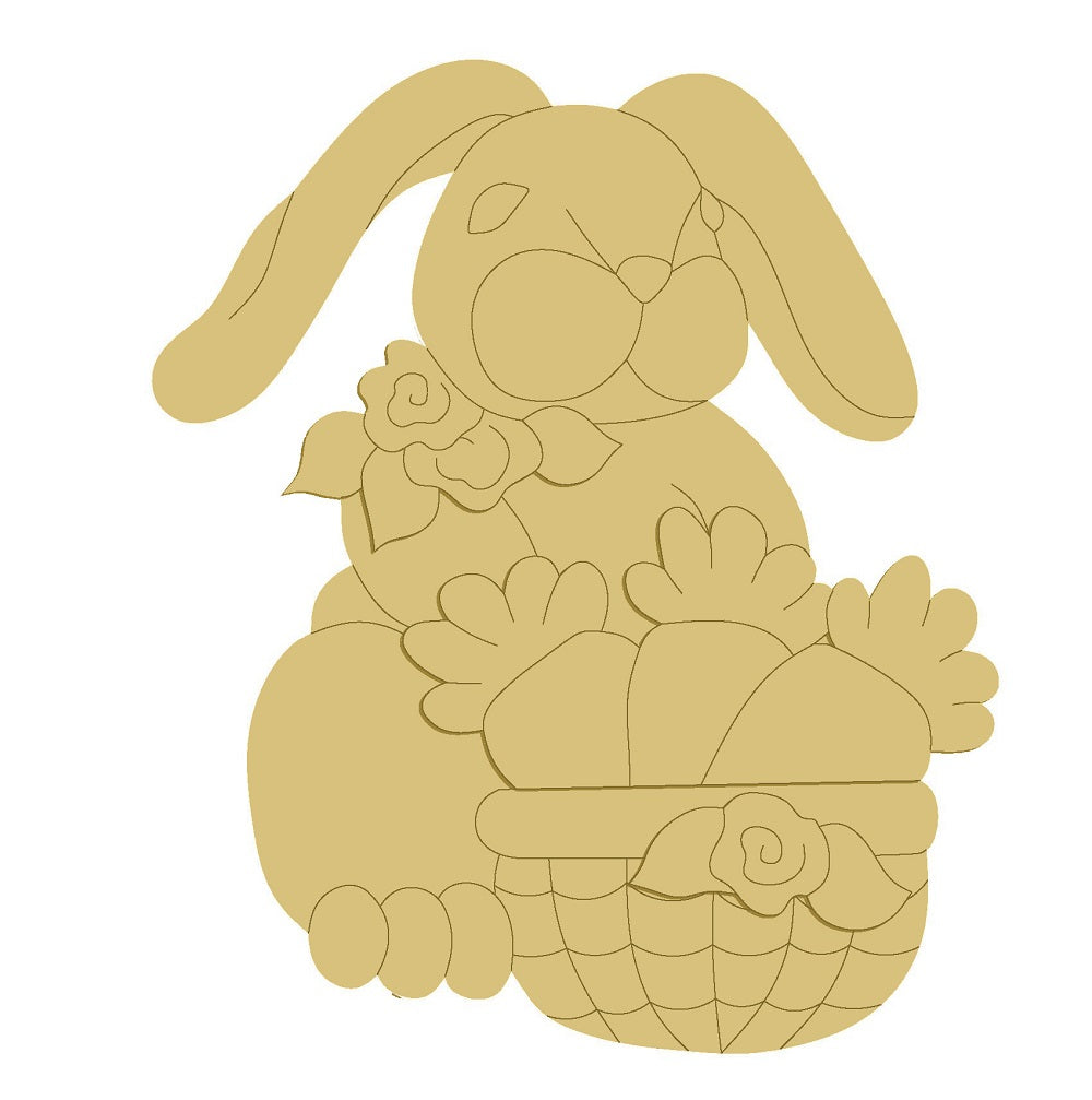 3D Design By Line Rabbit MDF Cutout In Basket With Flowers - Unfinished For DIY