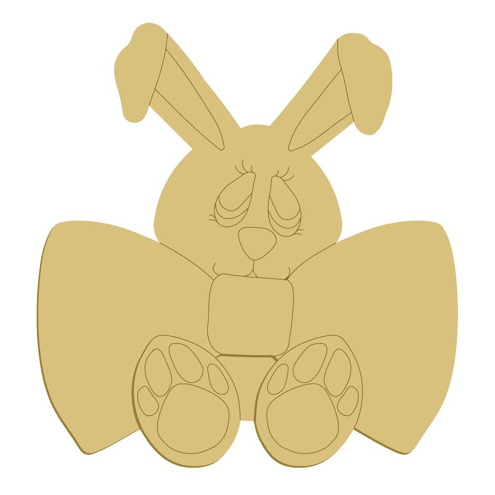 3D Design By Line Bunny MDF Cutout Sitting With A Large Bow On The Lap - Unfinished For DIY