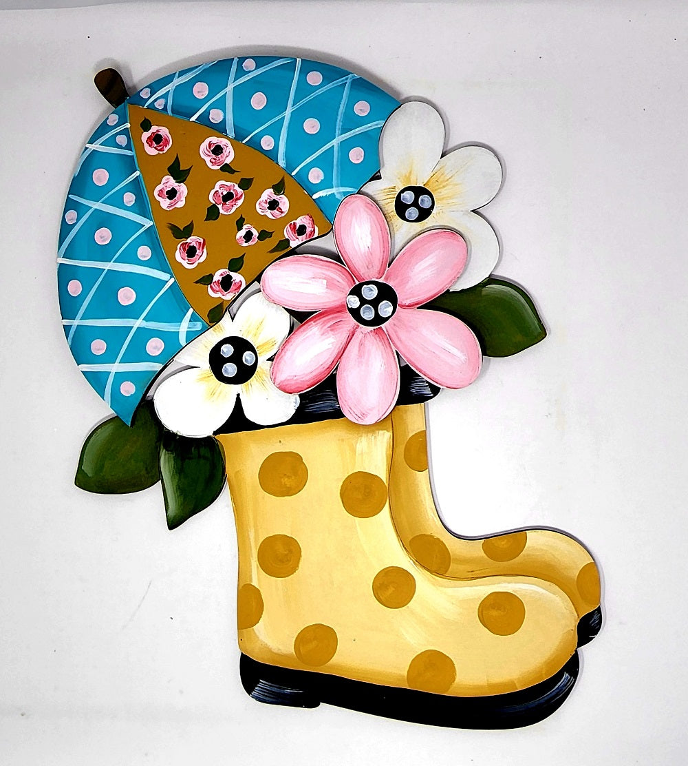 3D Design By Line Rain Boot MDF Cutout With Umbrella And Flowers - Unfinished For DIY