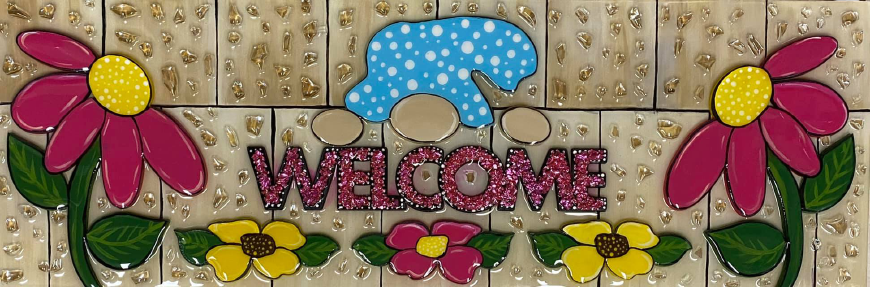 3D Design By Line Rectangle MDF Cutout Welcome Gnome With Flowers - Unfinished For DIY